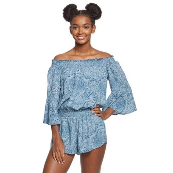 Rip Curl Everglow Small Smocked Off Shoulder Floral Bell Sleeve Waist Romper - Picture 1 of 4
